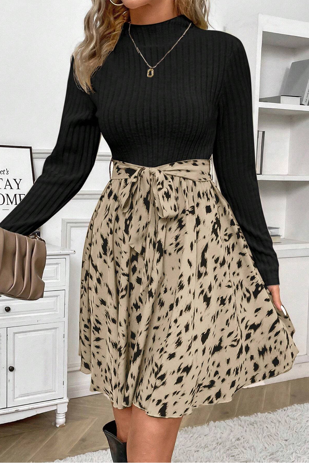 Mock Neck Long Sleeve Rib Knit Print Belted A-Line Mini Dress