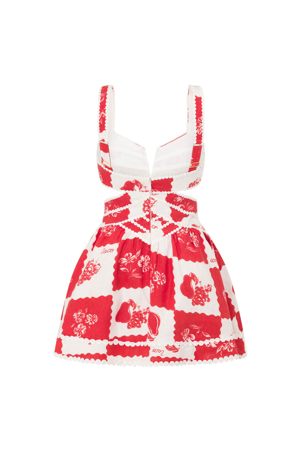 Plunge V-Neck Side Cutout Scalloped Trim Patchwork Botanical Mini Dress