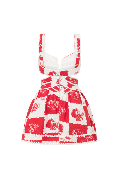 Plunge V-Neck Side Cutout Scalloped Trim Patchwork Botanical Mini Dress