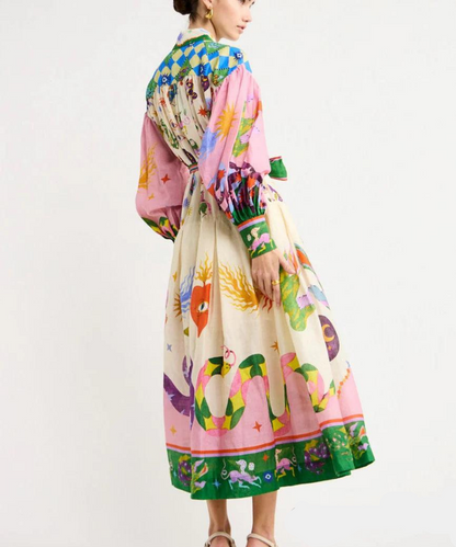 Mystical Print Button Down Belted Bow Puff Sleeve Maxi Shirt Dress