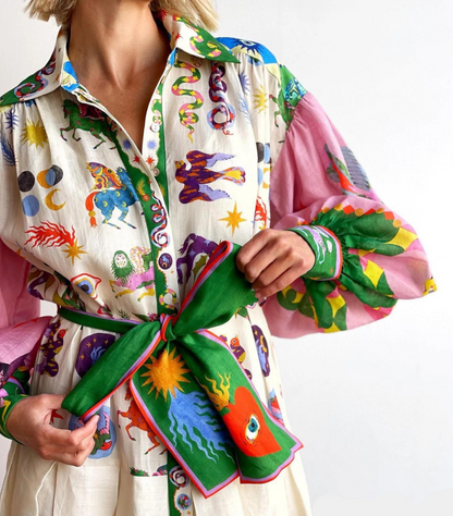 Mystical Print Button Down Belted Bow Puff Sleeve Maxi Shirt Dress