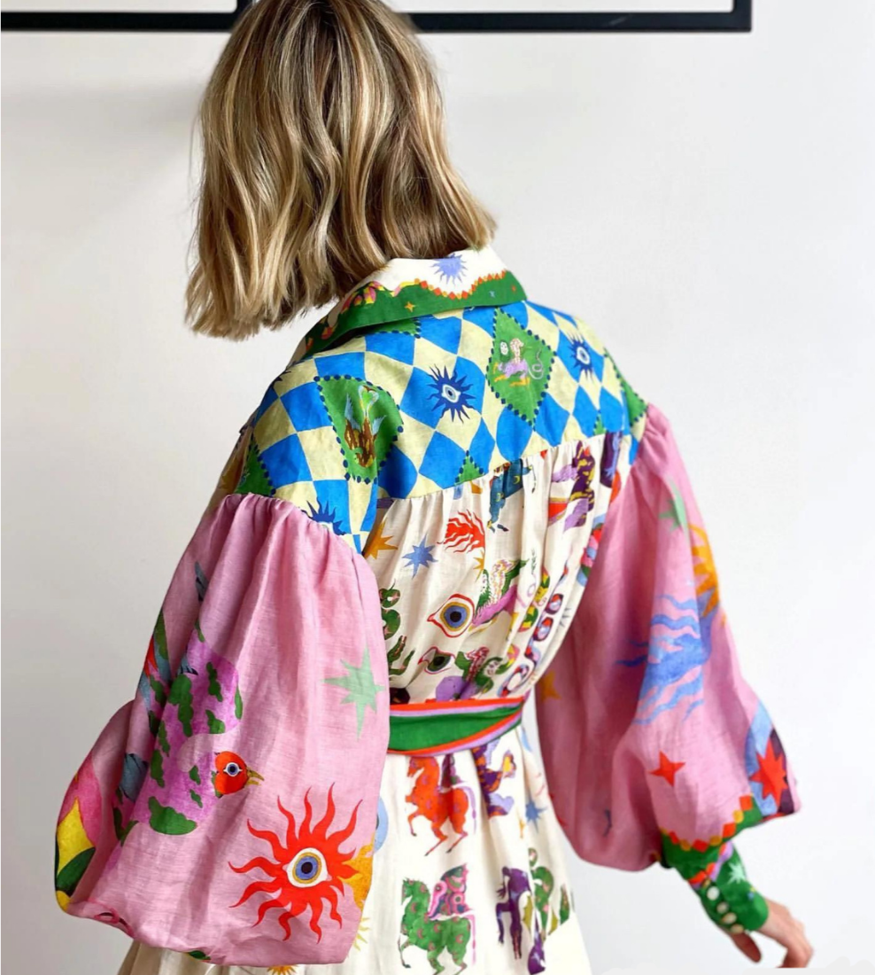 Mystical Print Button Down Belted Bow Puff Sleeve Maxi Shirt Dress