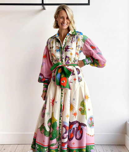 Mystical Print Button Down Belted Bow Puff Sleeve Maxi Shirt Dress