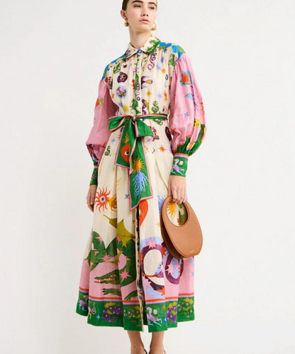 Whimsical Print Puff Sleeve Sash Bow Button Front Maxi Shirt Dress