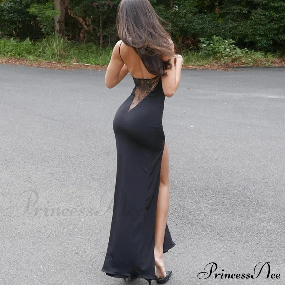 Black Lace Patchwork Charming Maxi Slit Dress