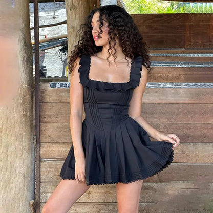 Black Ruffles A-line Vacation Dress
