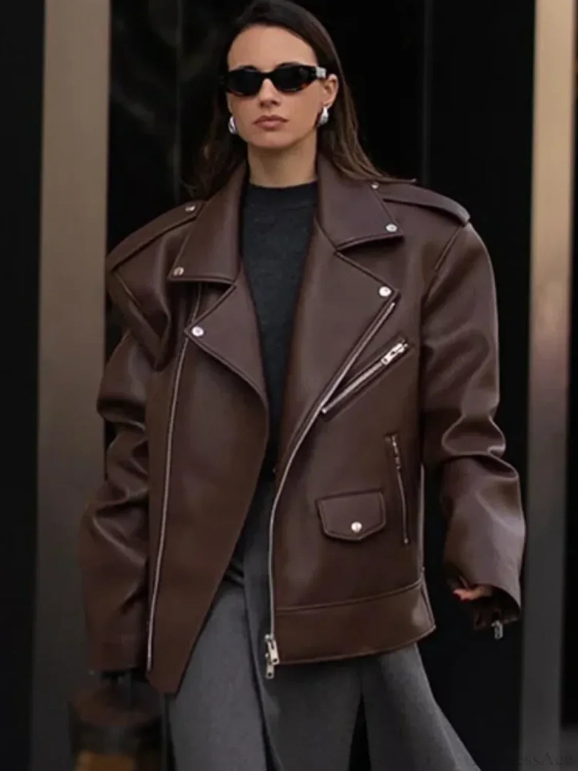 Black Zippers Oversized Leather Coat