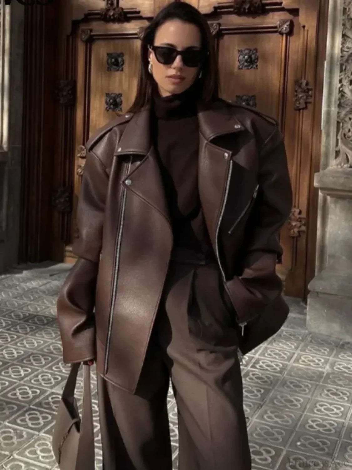 Black Zippers Oversized Leather Coat