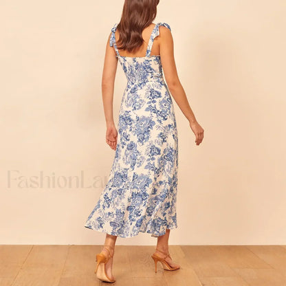 Blue Floral Tie-strap Midi Dress