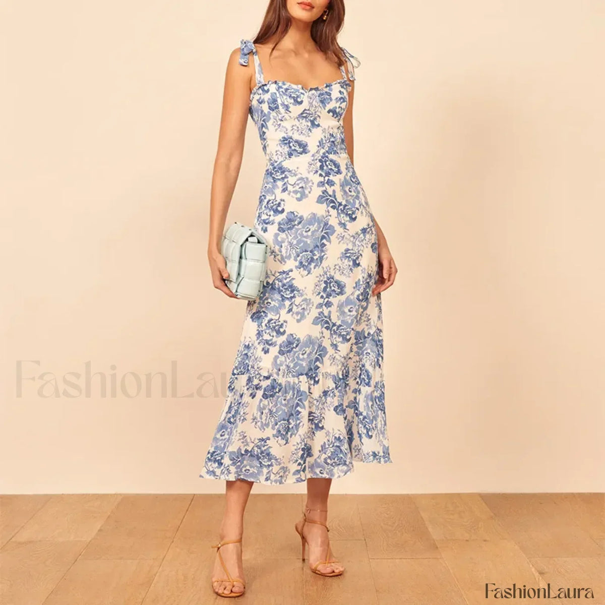Blue Floral Tie-strap Midi Dress