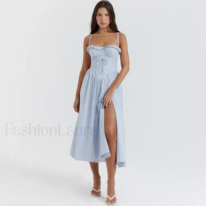 Blue High-split Lace-up Midi Dress