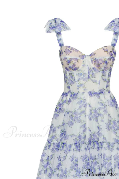 Blue Hydrangea Tender Charming Tie-Strap Maxi Dress
