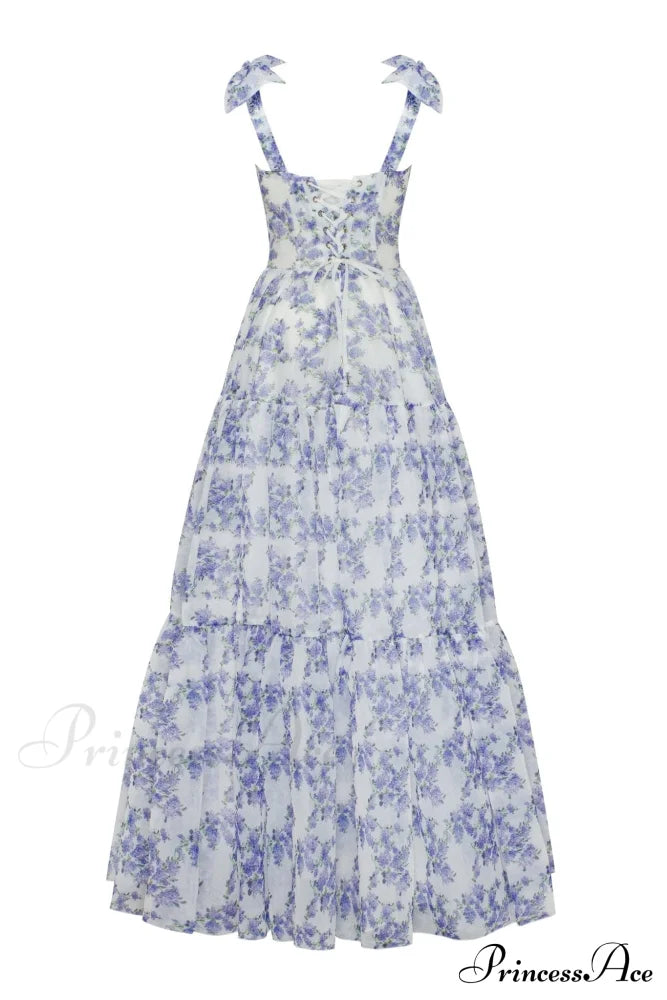 Blue Hydrangea Tender Charming Tie-Strap Maxi Dress