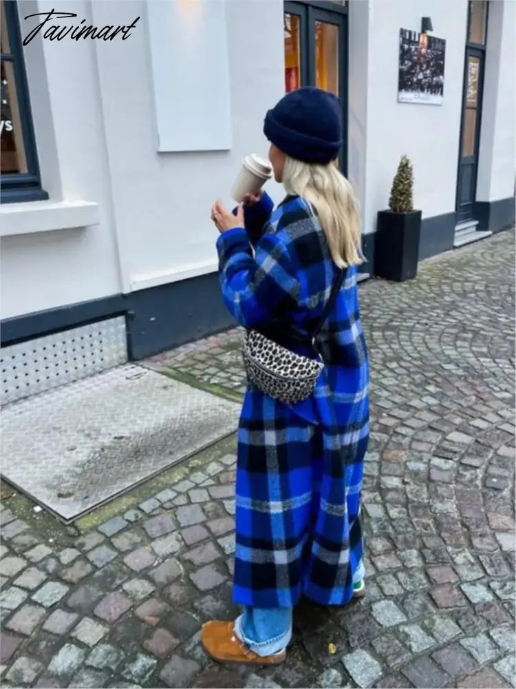 Blue Plaid Long Overcoat For Women Full Sleeve Single Breasted Cotton Pocket Coats Jacket Winter Fashion Female Outerwear