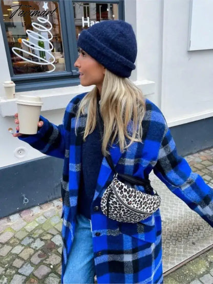 Blue Plaid Long Overcoat For Women Full Sleeve Single Breasted Cotton Pocket Coats Jacket Winter Fashion Female Outerwear