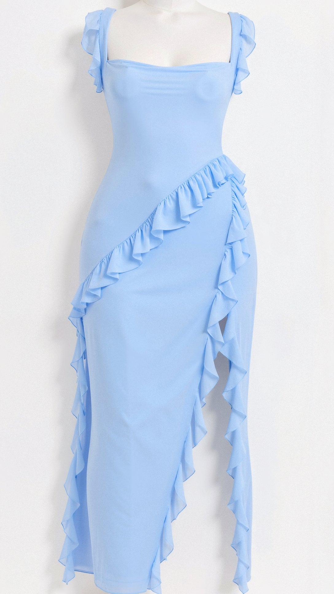 Square Neck Ruffle Strap Faux Wrap Asymmetrical Hem Midi Dress