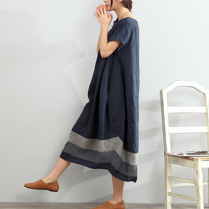 Square Neck Multi-Stripe Band Hem Short Sleeve Linen Midi Dress