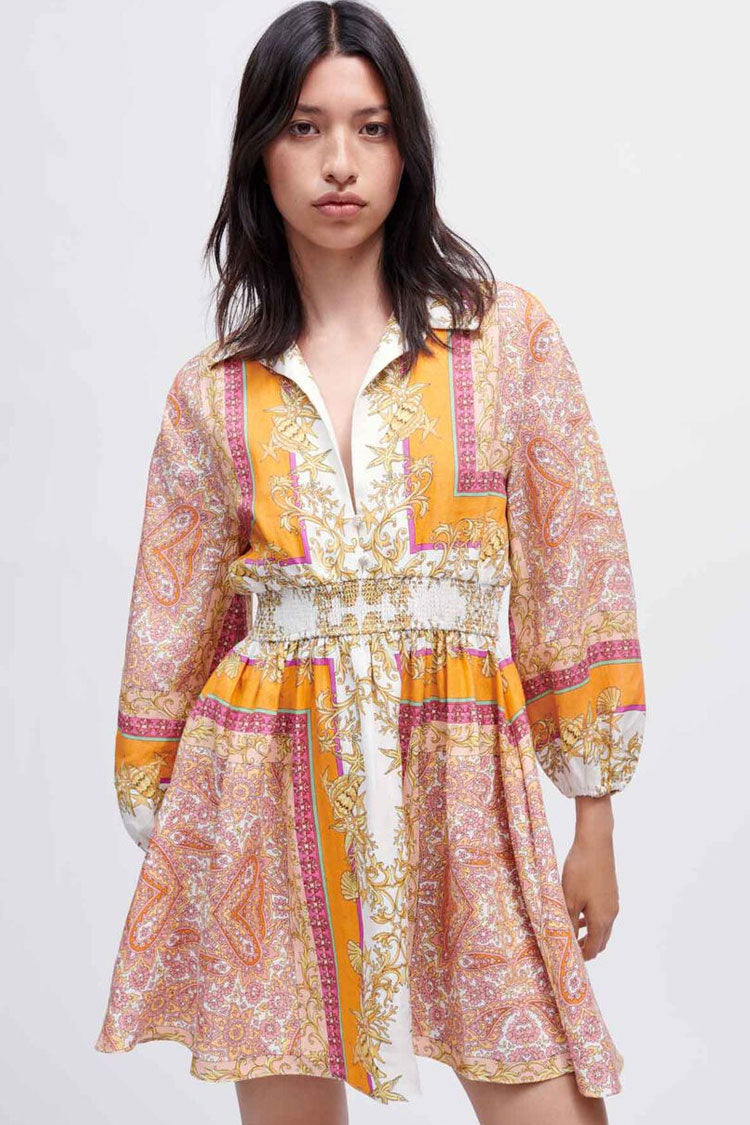 Collared V Neck Scarf Print Smocked Waist Balloon Sleeve Mini Dress