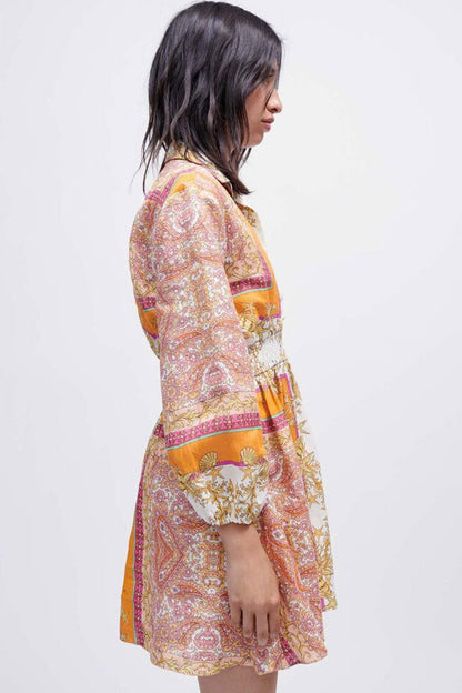 Collared V Neck Scarf Print Smocked Waist Balloon Sleeve Mini Dress