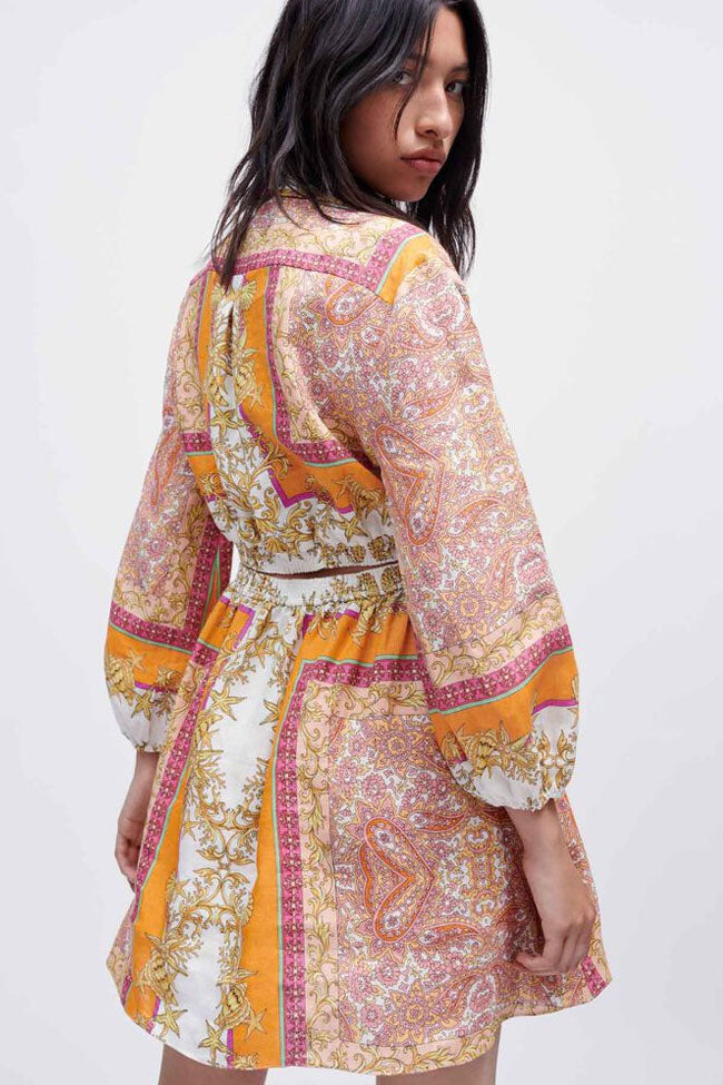 Collared V Neck Scarf Print Smocked Waist Balloon Sleeve Mini Dress