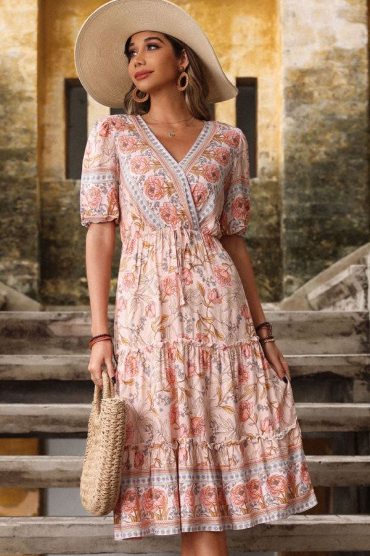 Deep V Neck Puff Sleeve Drawstring Waist Tiered Border Floral Midi Dress