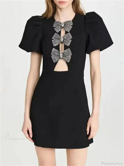 Pearl Embellished Puff Sleeve Crew Neck Stacked Bow Front Cut Out Mini Dress