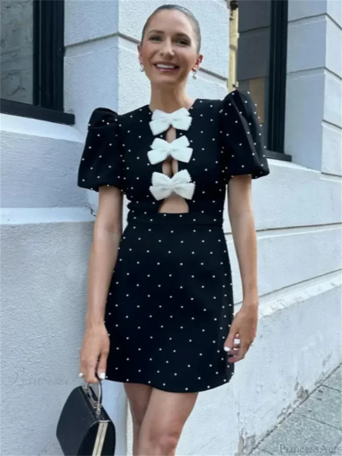 Pearl Embellished Puff Sleeve Crew Neck Stacked Bow Front Cut Out Mini Dress