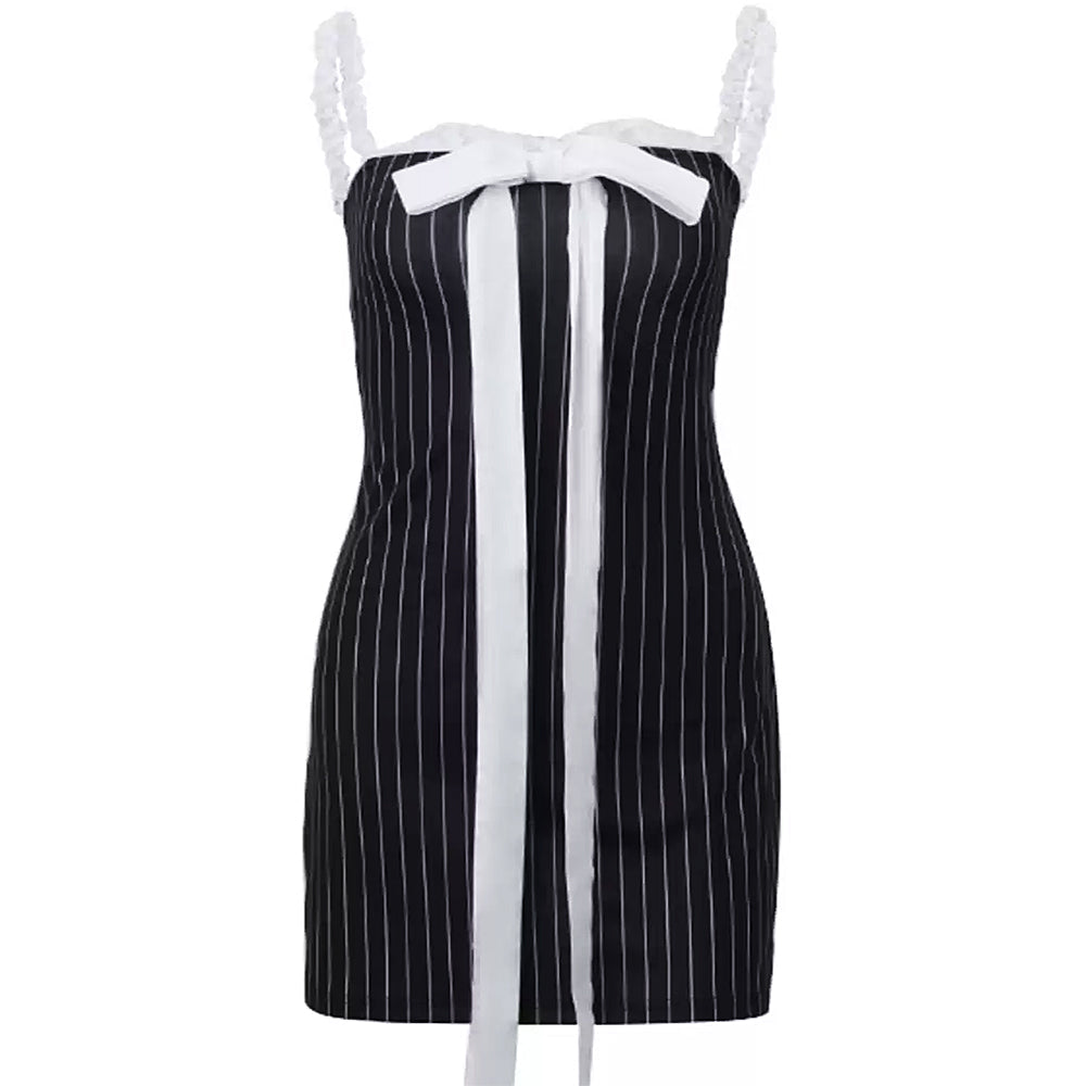 Strapless Pinstripe Lace Trim Oversized Bow Mini Dress