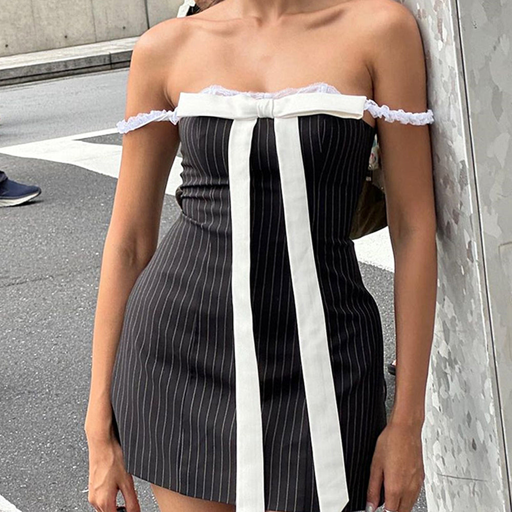 Strapless Pinstripe Lace Trim Oversized Bow Mini Dress