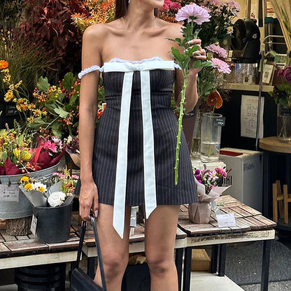 Strapless Pinstripe Lace Trim Oversized Bow Mini Dress