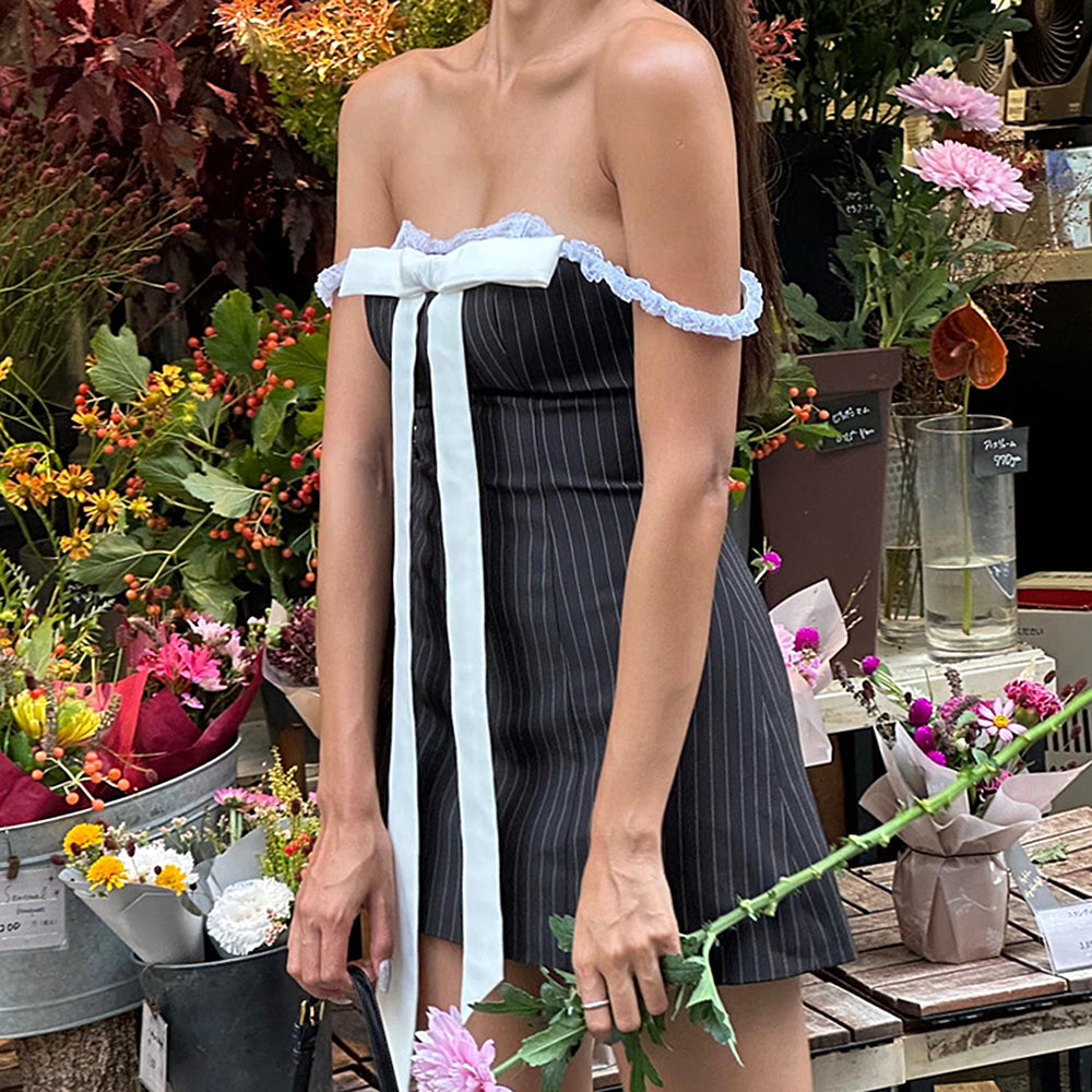 Strapless Pinstripe Lace Trim Oversized Bow Mini Dress