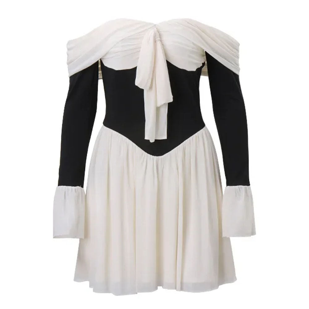 Off Shoulder Corset Waist Ruffle Cuff Contrast Mini Dress