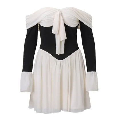Off Shoulder Corset Waist Ruffle Cuff Contrast Mini Dress
