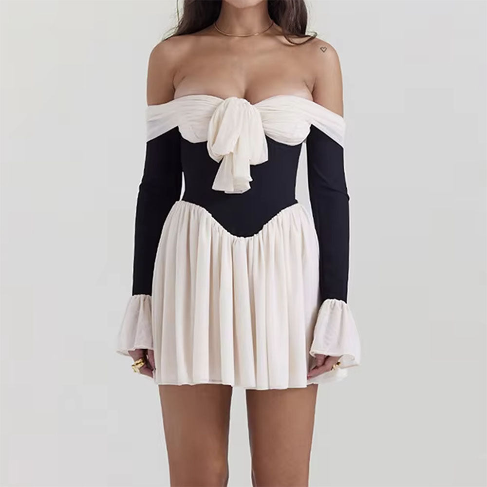Off Shoulder Corset Waist Ruffle Cuff Contrast Mini Dress