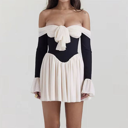 Off Shoulder Corset Waist Ruffle Cuff Contrast Mini Dress