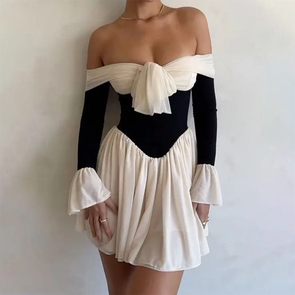 Off Shoulder Corset Waist Ruffle Cuff Contrast Mini Dress