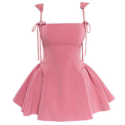 Square Neck Tie Strap Princess Seam Pleated Fit and Flare Mini Dress