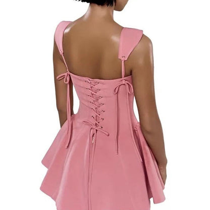 Square Neck Tie Strap Princess Seam Pleated Fit and Flare Mini Dress