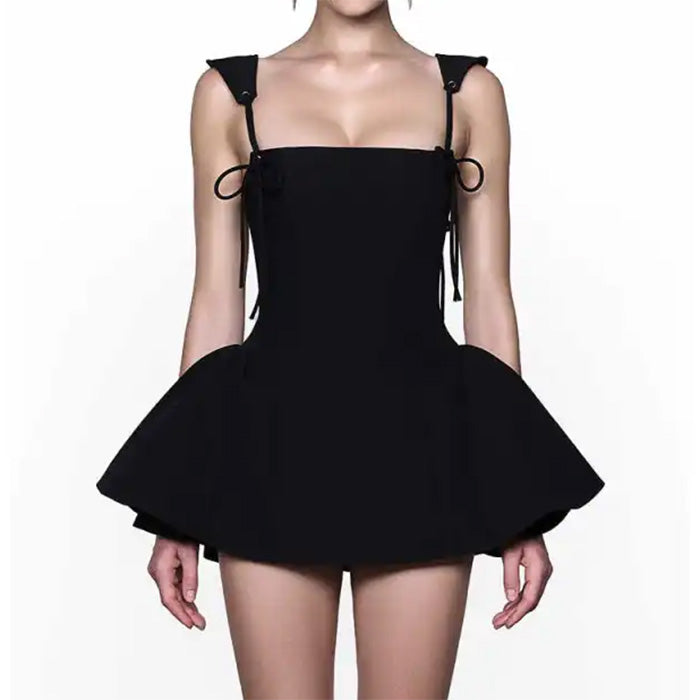 Square Neck Tie Strap Princess Seam Pleated Fit and Flare Mini Dress