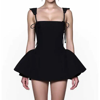 Square Neck Tie Strap Princess Seam Pleated Fit and Flare Mini Dress