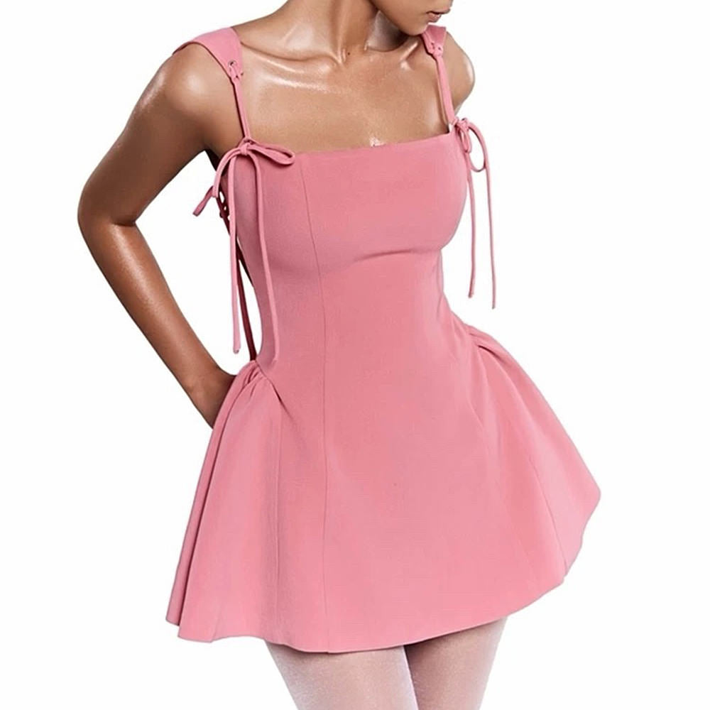 Square Neck Tie Strap Princess Seam Pleated Fit and Flare Mini Dress
