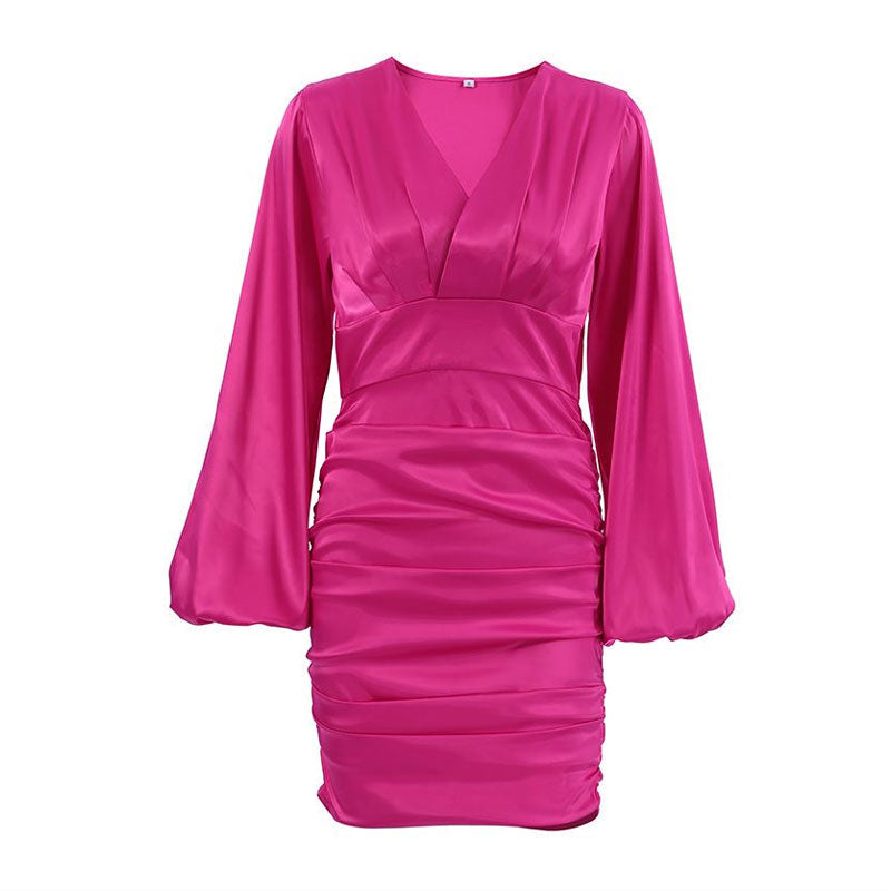 Deep V-Neck Bishop Sleeve Cinched Waist Ruched Satin Mini Dress