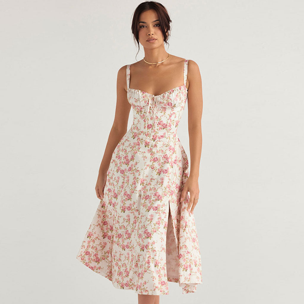 Floral Print Bustier Lace Up Sweetheart Spaghetti Strap Midi Dress