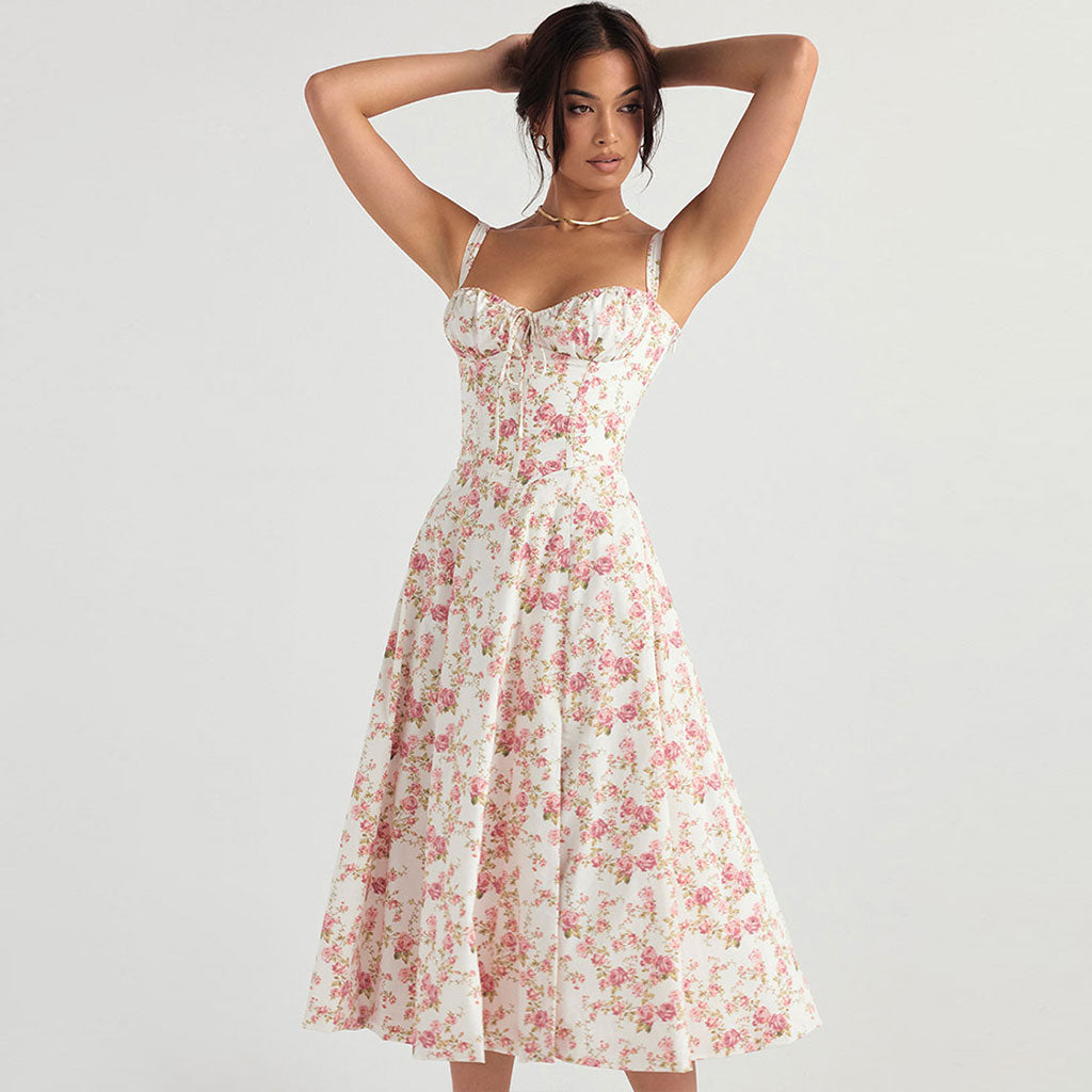 Floral Print Bustier Lace Up Sweetheart Spaghetti Strap Midi Dress