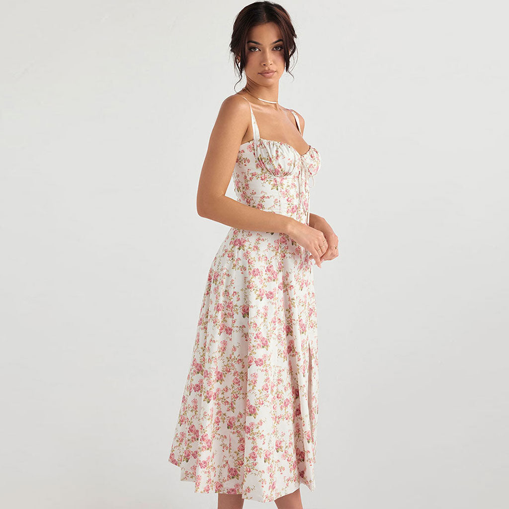 Floral Print Bustier Lace Up Sweetheart Spaghetti Strap Midi Dress
