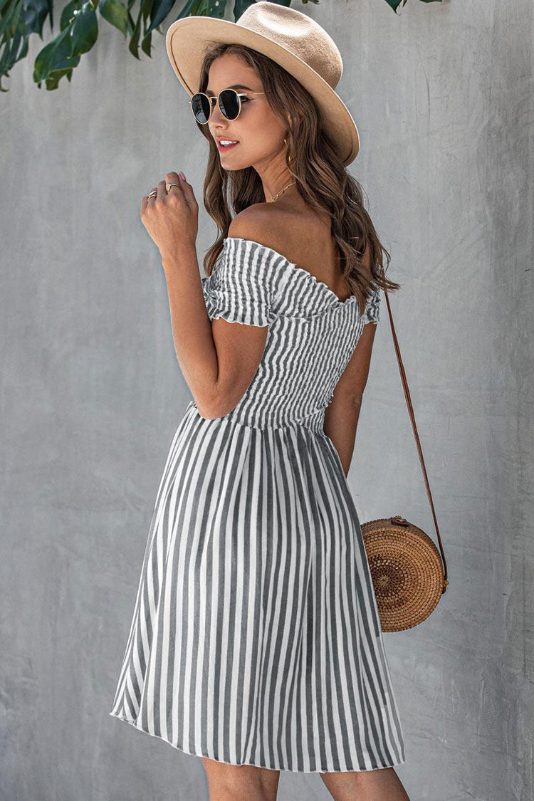 Striped Off Shoulder Smocked Ruffle Sleeve A-Line Mini Dress