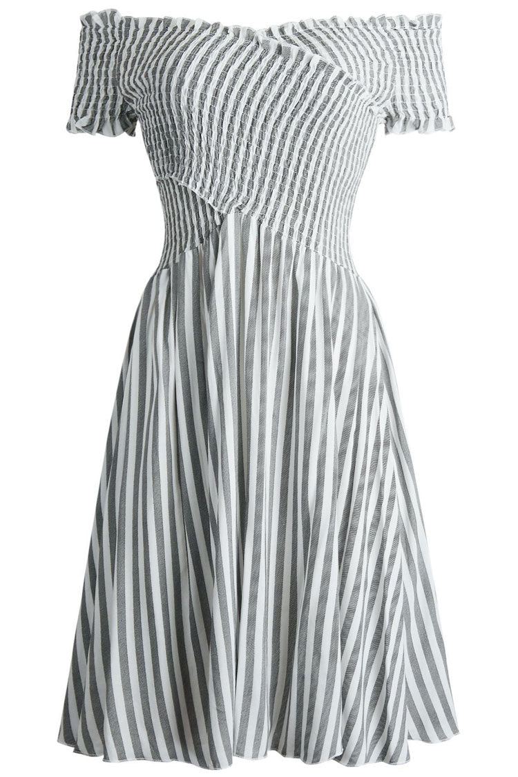 Striped Off Shoulder Smocked Ruffle Sleeve A-Line Mini Dress
