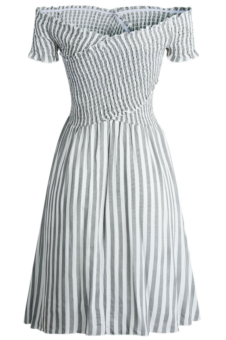 Striped Off Shoulder Smocked Ruffle Sleeve A-Line Mini Dress