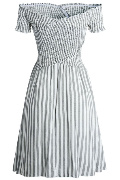 Striped Off Shoulder Smocked Ruffle Sleeve A-Line Mini Dress