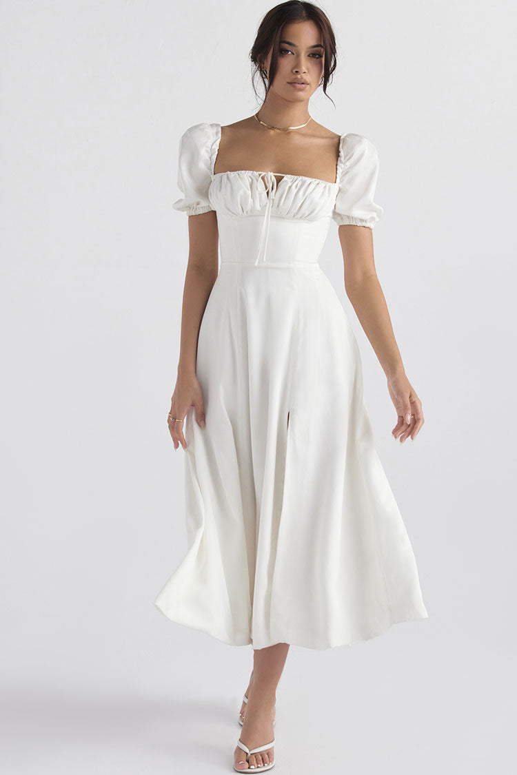 Square Neck Ruched Tie-Front Puff Sleeve High Slit A-Line Midi Dress
